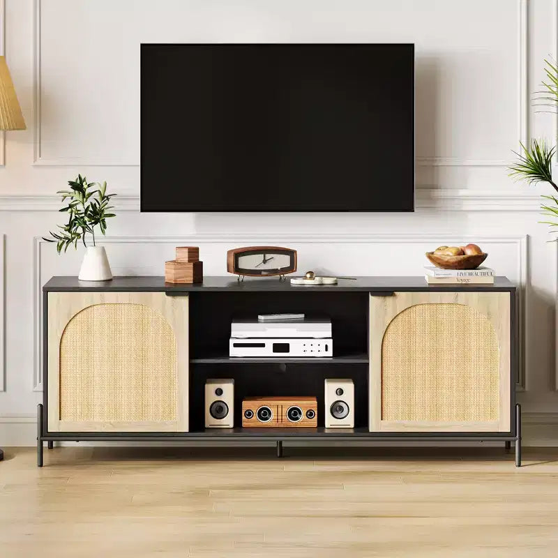 Meuble TV en rotin pour téléviseur de 75 pouces, centre de divertissement avec rangement, console TV de 65 pouces pour salon, chambre à coucher