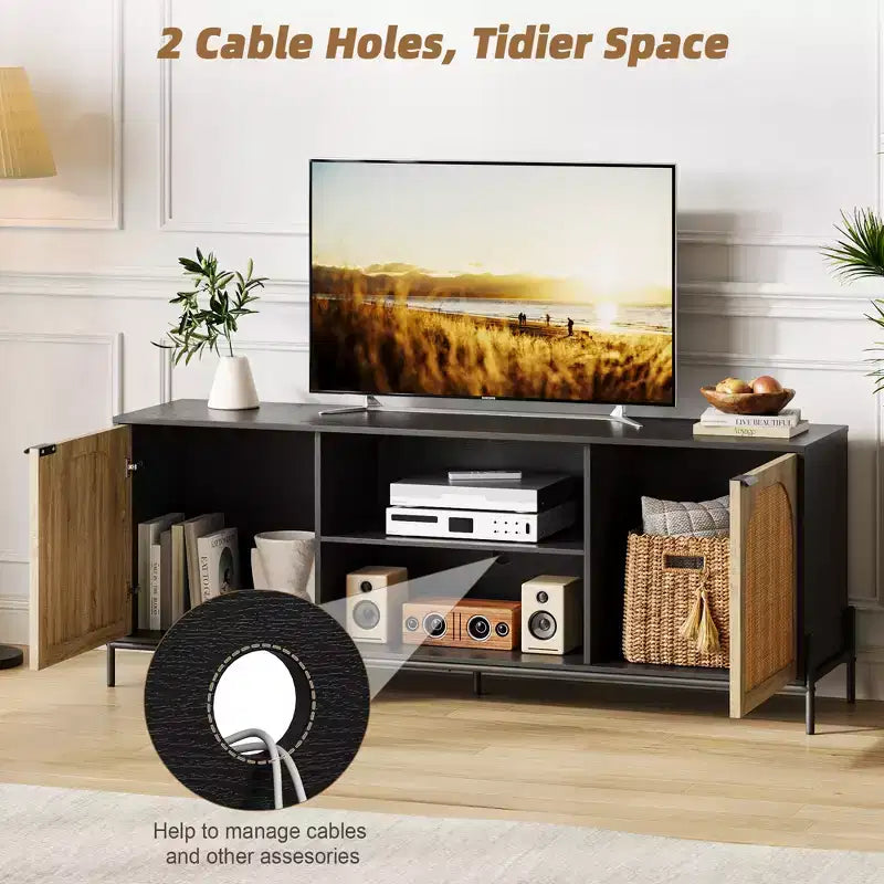 Meuble TV en rotin pour téléviseur de 75 pouces, centre de divertissement avec rangement, console TV de 65 pouces pour salon, chambre à coucher