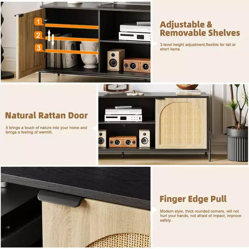 Meuble TV en rotin pour téléviseur de 75 pouces, centre de divertissement avec rangement, console TV de 65 pouces pour salon, chambre à coucher