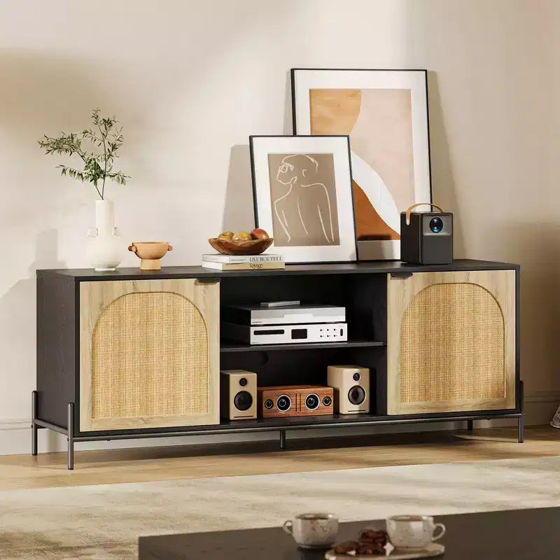 Meuble TV en rotin pour téléviseur de 75 pouces, centre de divertissement avec rangement, console TV de 65 pouces pour salon, chambre à coucher