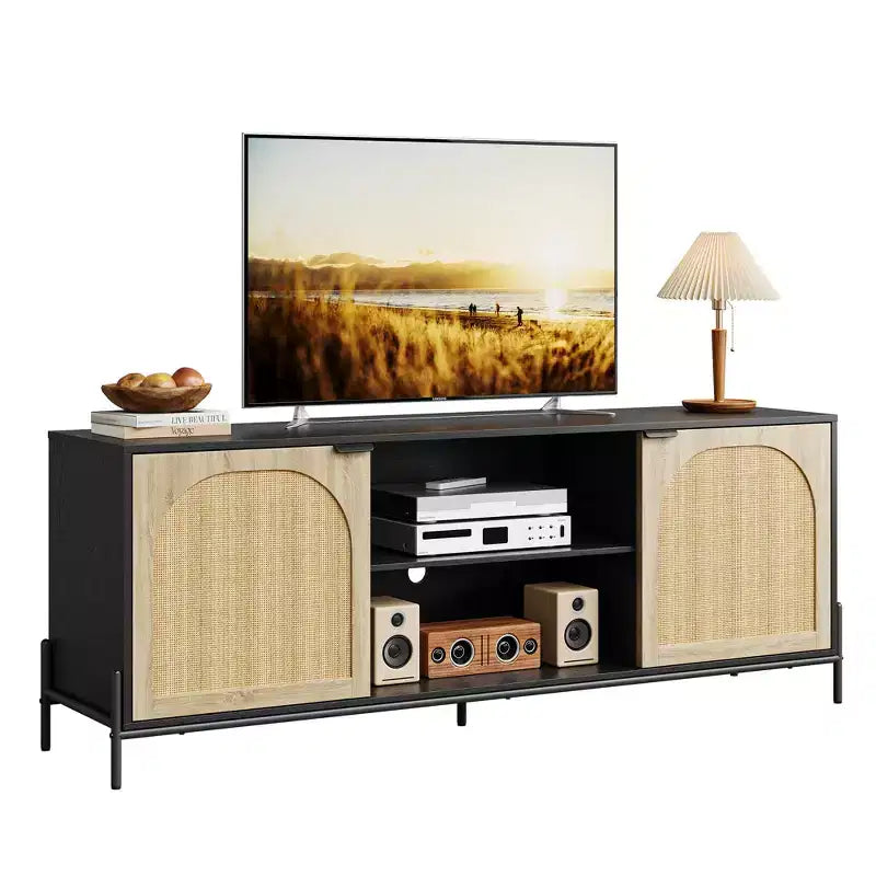 Meuble TV en rotin pour téléviseur de 75 pouces, centre de divertissement avec rangement, console TV de 65 pouces pour salon, chambre à coucher