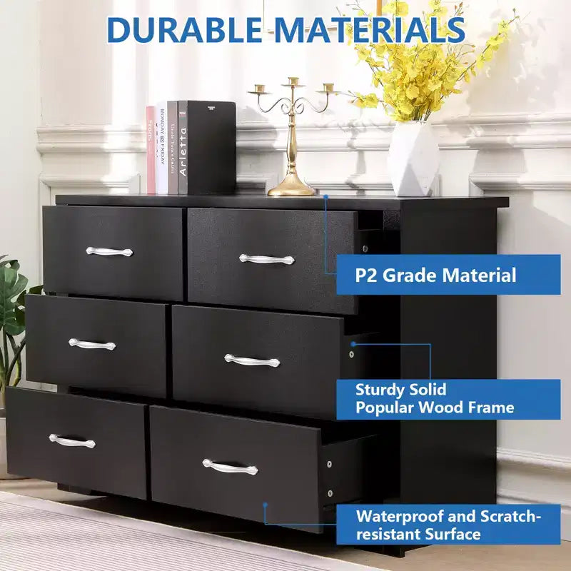 Commode 6 tiroirs en bois, finition naturelle, horizontale, pour chambre à coucher, en MDF