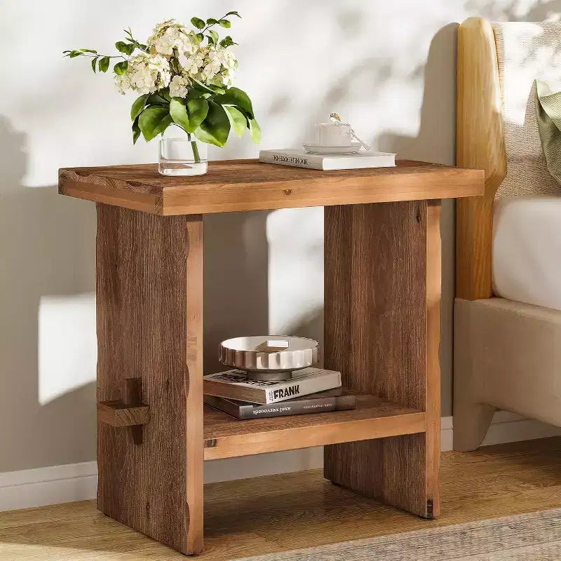 Lantine Solid Wood Nightstand with Storage, Farmhouse Rectangle Bedside Table with Wooden Base for Bedroom Accent Furniture, Brown