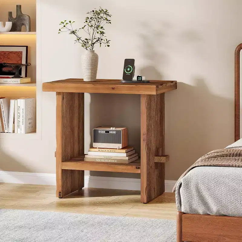 Table de chevet en bois massif avec rangement, table de chevet rectangulaire de style ferme avec base en bois pour meuble d'appoint de chambre, marron