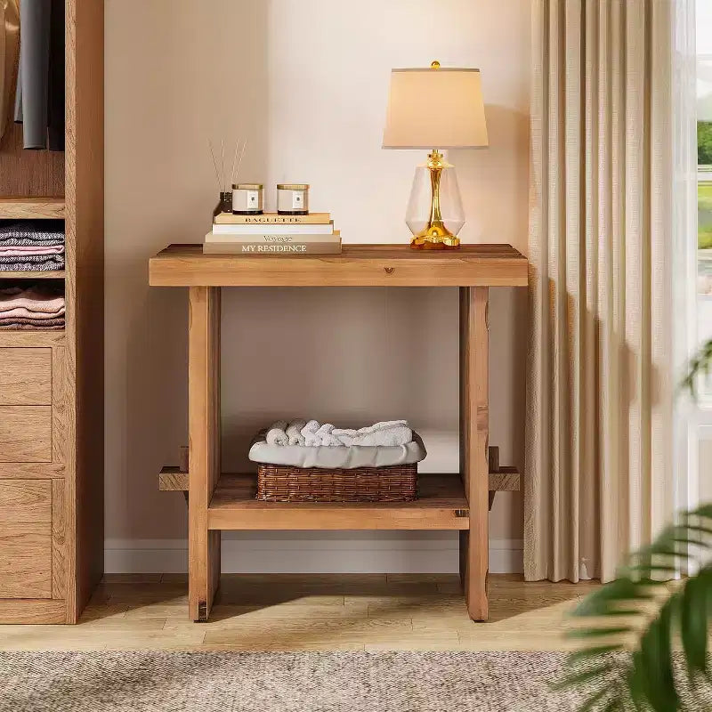 Table de chevet en bois massif avec rangement, table de chevet rectangulaire de style ferme avec base en bois pour meuble d'appoint de chambre, marron
