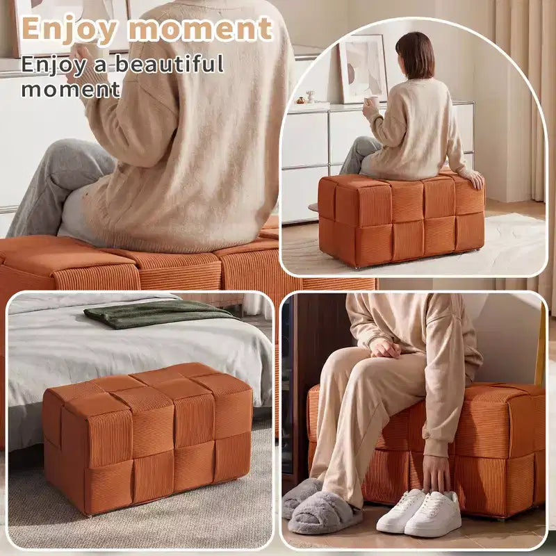 Pouffe ottoman rectangulaire en velours côtelé tissé