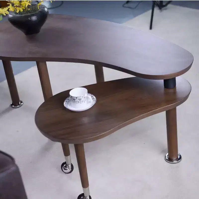 Table basse moderne avec pieds en bois massif et plateau coulissant pour salon