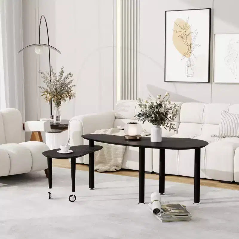Table basse moderne avec pieds en bois massif et plateau coulissant pour salon