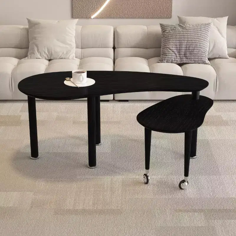 Table basse moderne avec pieds en bois massif et plateau coulissant pour salon