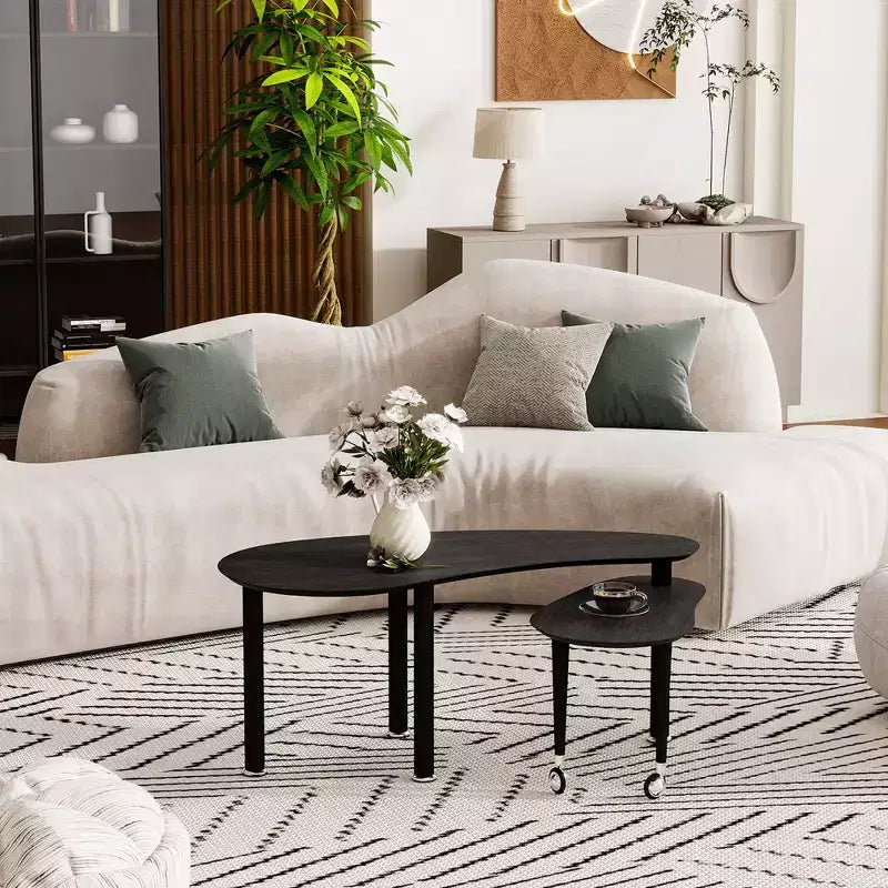 Table basse moderne avec pieds en bois massif et plateau coulissant pour salon