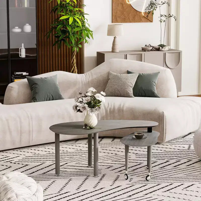 Table basse moderne avec pieds en bois massif et plateau coulissant pour salon