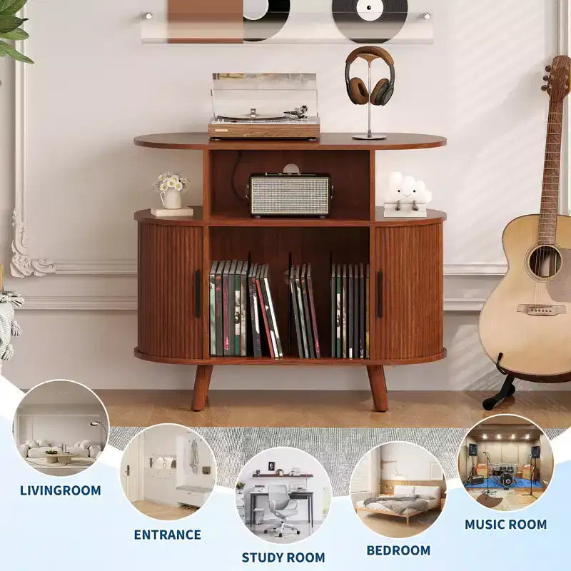 Meuble de lecture de disques vinyles de style Mid-Century Modern, Étagère de tourne-disque en bois, Meuble de rangement ouvert pour vinyles, pour salon, chambre à coucher