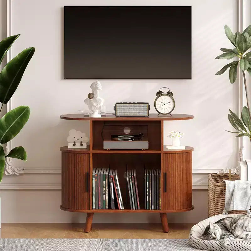 Meuble de lecture de disques vinyles de style Mid-Century Modern, Étagère de tourne-disque en bois, Meuble de rangement ouvert pour vinyles, pour salon, chambre à coucher