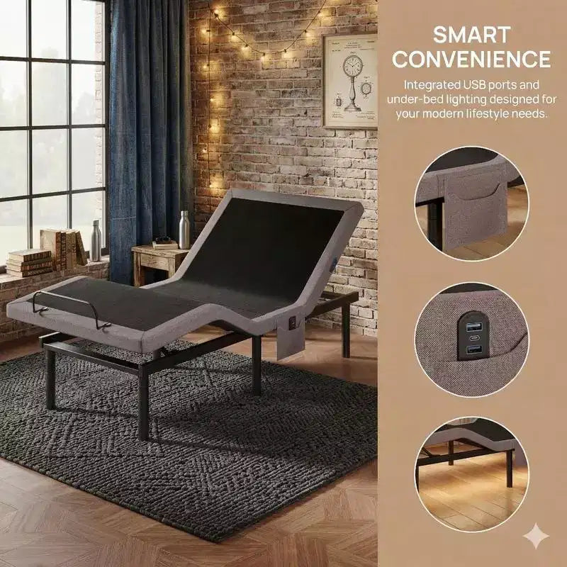 Cadre de lit électrique, modes Zéro-Gravité et Zéro-Écart, cadre de lit réglable avec 4 ports USB et télécommande sans fil