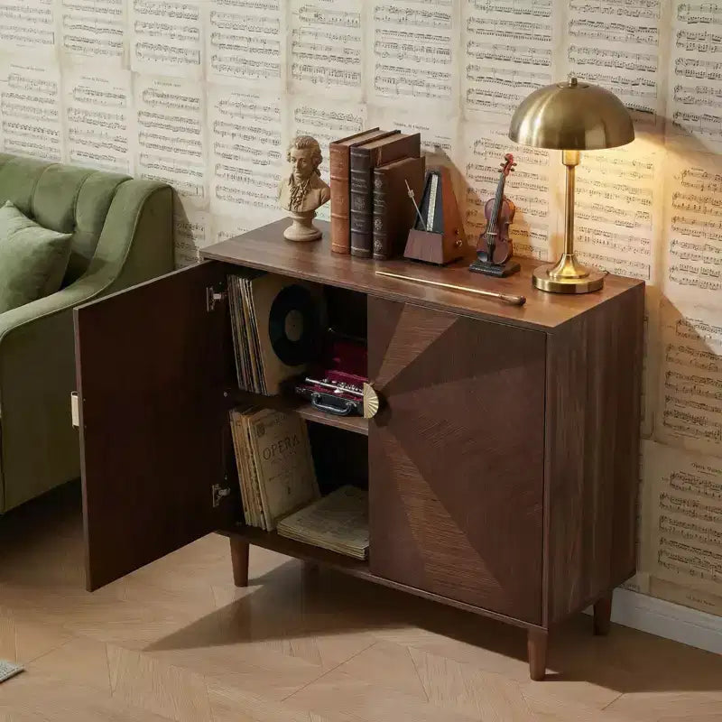 Vaisselier en bois de style vintage, Buffet en noyer avec portes décoratives à dégradé, Polyvalent pour salon et salle à manger