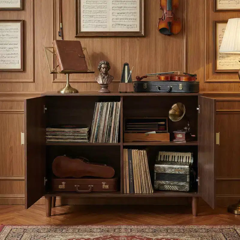 Vaisselier en bois de style vintage, Buffet en noyer avec portes décoratives à dégradé, Polyvalent pour salon et salle à manger