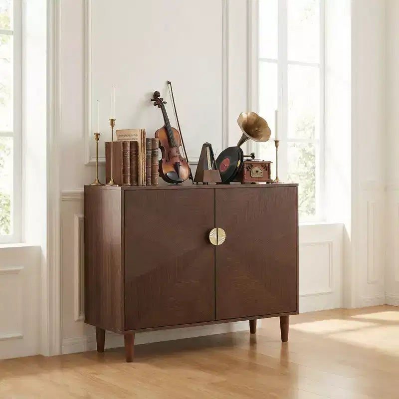 Vaisselier en bois de style vintage, Buffet en noyer avec portes décoratives à dégradé, Polyvalent pour salon et salle à manger