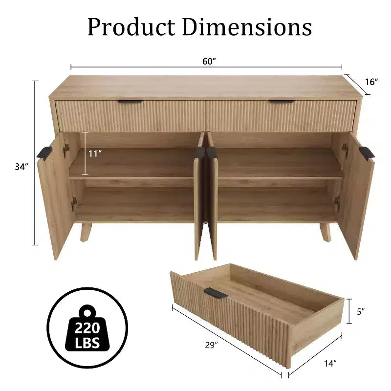 Bahut de 152 cm avec 2 tiroirs et 4 portes ondulées, étagères réglables, console de rangement pour salle à manger, salon ou cuisine