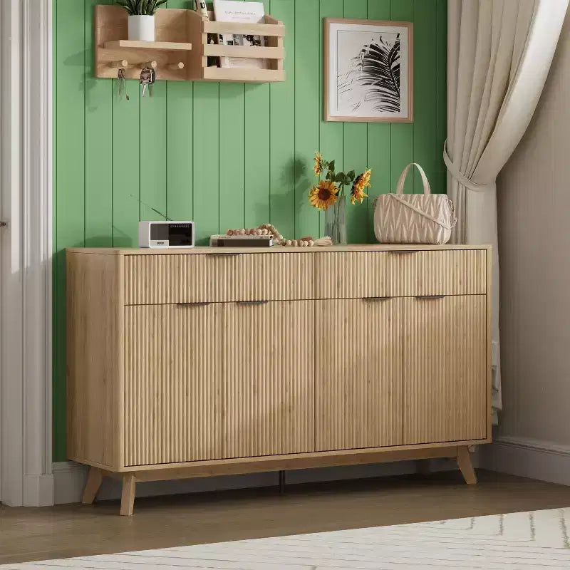 Bahut de 152 cm avec 2 tiroirs et 4 portes ondulées, étagères réglables, console de rangement pour salle à manger, salon ou cuisine