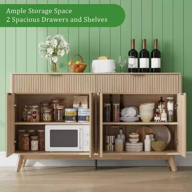 Bahut de 152 cm avec 2 tiroirs et 4 portes ondulées, étagères réglables, console de rangement pour salle à manger, salon ou cuisine