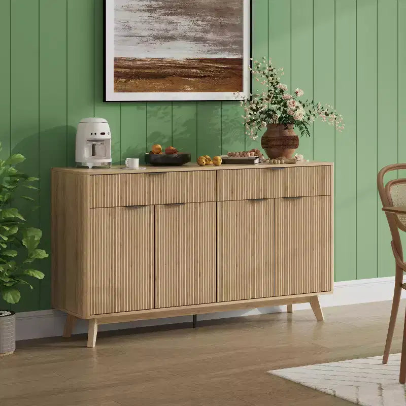 Bahut de 152 cm avec 2 tiroirs et 4 portes ondulées, étagères réglables, console de rangement pour salle à manger, salon ou cuisine