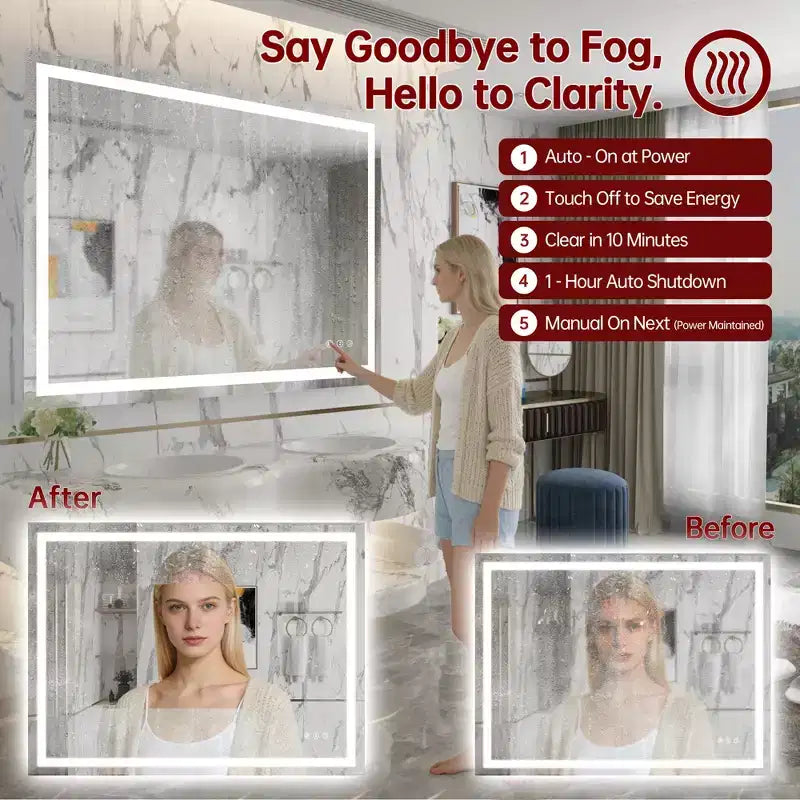 Miroir de salle de bain mural LED 48x36 incassable, miroir de courtoisie anti-buée ETL à intensité variable en continu
