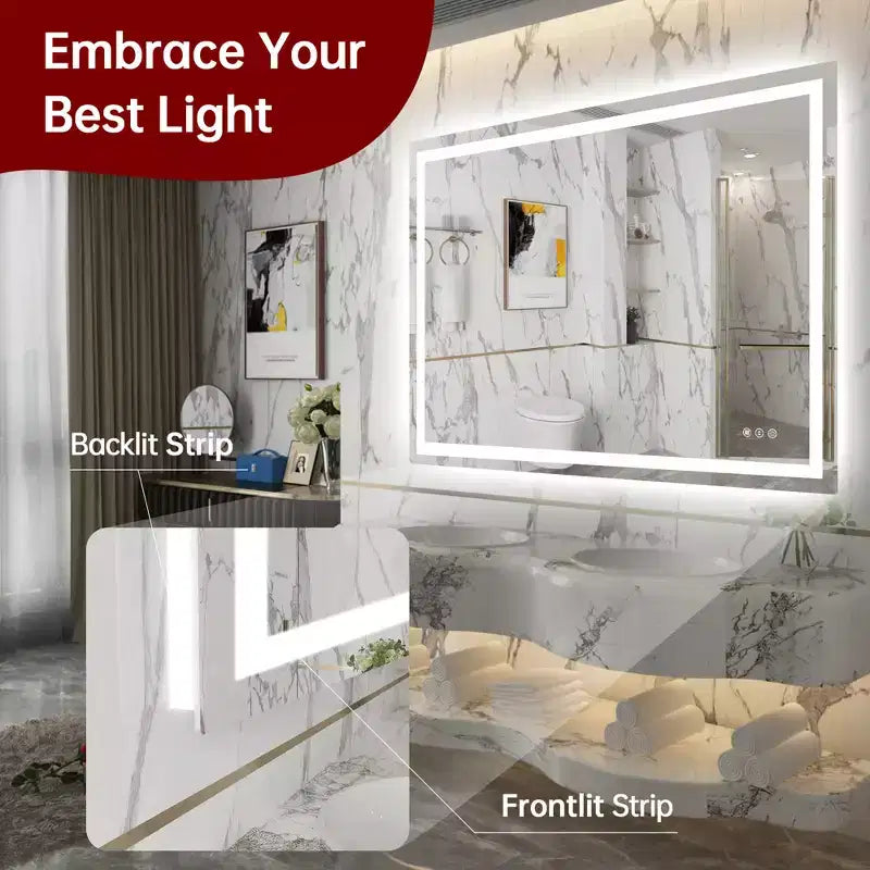 Miroir de salle de bain mural LED 48x36 incassable, miroir de courtoisie anti-buée ETL à intensité variable en continu