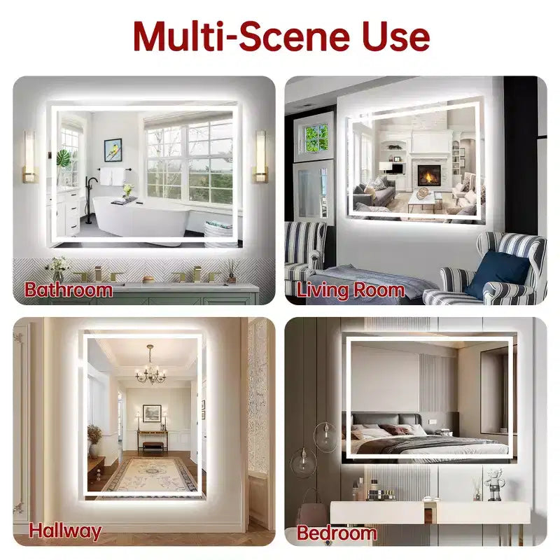 Miroir de salle de bain mural LED 48x36 incassable, miroir de courtoisie anti-buée ETL à intensité variable en continu
