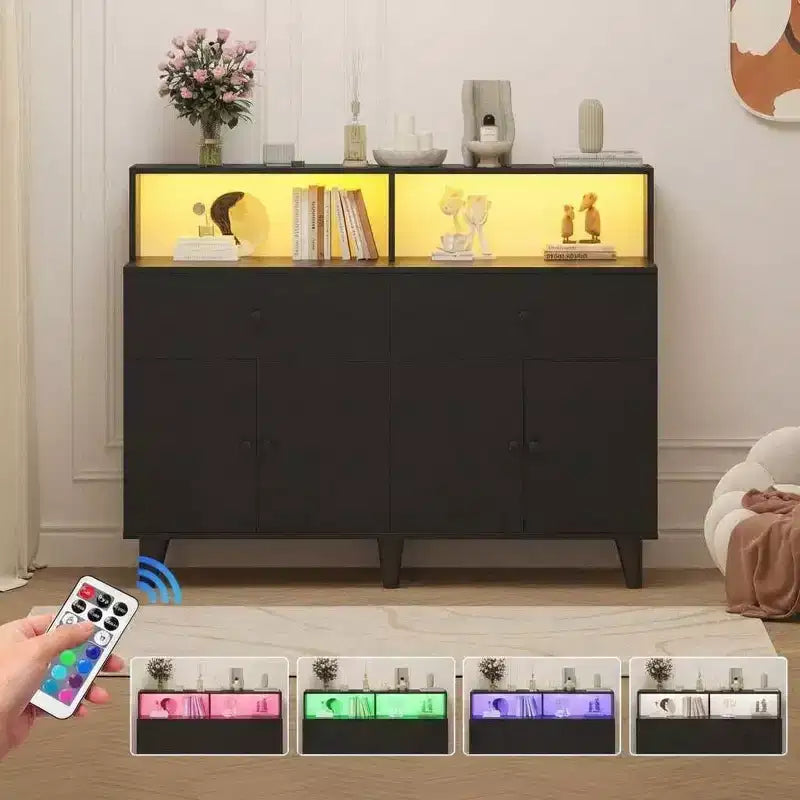 47 Storage Buffet Cabinet with 6 Drawers, Adjustable Shelf, LED Lights and Charging Station for Kitchen and Dining Room