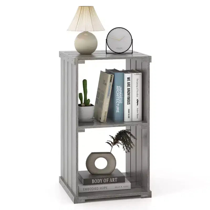 Costway 1/2 PCS 2-Cube Storage Shelf Slatted Paulownia Wood Cubic Organizer with Open Back Gray