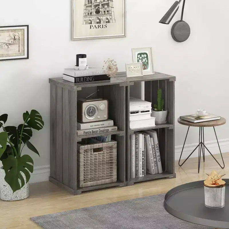 1/2 étagères de rangement à 2 cubes en bois de paulownia à lattes, organisateur cubique avec dos ouvert, gris