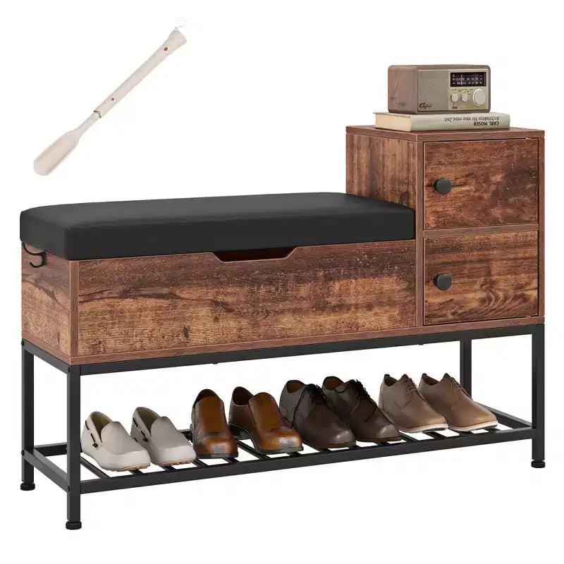 Costway Entryway Bench Shoe Bench w/ Flip Top Box & 2 Door Cabinets PVC Seat Cushion
