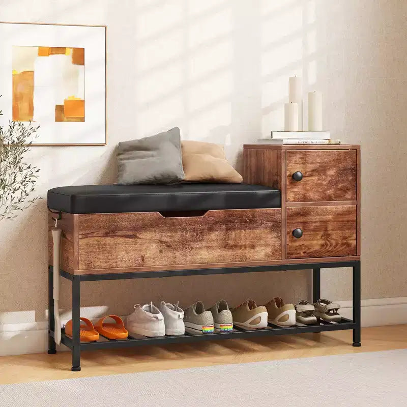 Banc d'entrée meuble à chaussures avec boîte à couvercle rabattable et 2 armoires à portes, coussin de siège en PVC