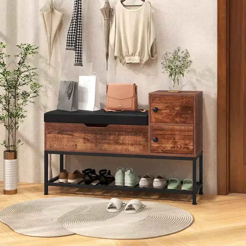 Banc d'entrée meuble à chaussures avec boîte à couvercle rabattable et 2 armoires à portes, coussin de siège en PVC