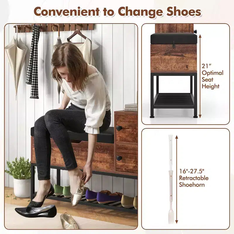 Banc d'entrée meuble à chaussures avec boîte à couvercle rabattable et 2 armoires à portes, coussin de siège en PVC