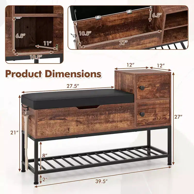 Banc d'entrée meuble à chaussures avec boîte à couvercle rabattable et 2 armoires à portes, coussin de siège en PVC