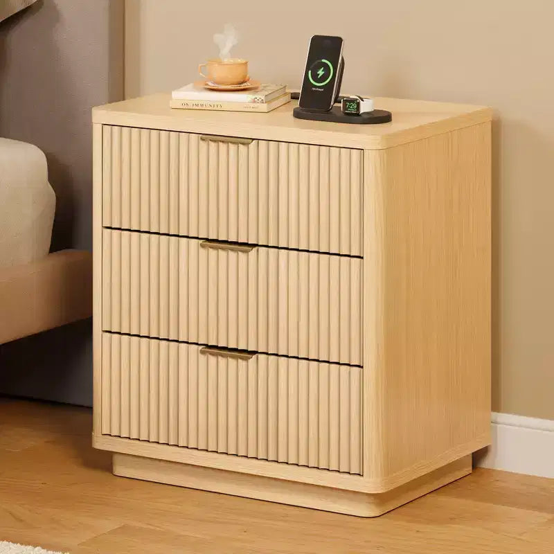 Garvee Nightstand with 3 Drawers, Fluted Bedside Table with Outlet, Light Wood Night Stand with Storage for Bedroom and Living Room, Space Saving