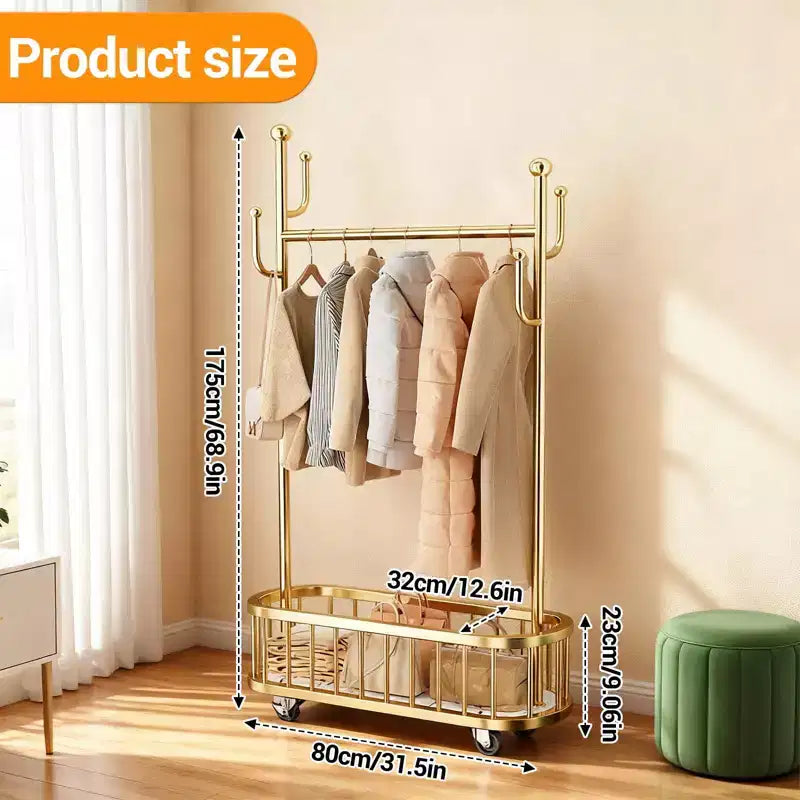 Portant à Vêtements Roulant avec Roues et Rangement Panier, Grand Porte-Manteau Métallique Mobile Portants Décoratifs pour Suspendre les Vêtements