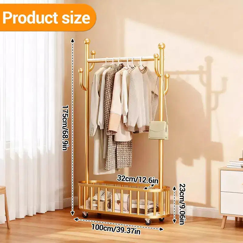 Portant à Vêtements Roulant avec Roues et Rangement Panier, Grand Porte-Manteau Métallique Mobile Portants Décoratifs pour Suspendre les Vêtements