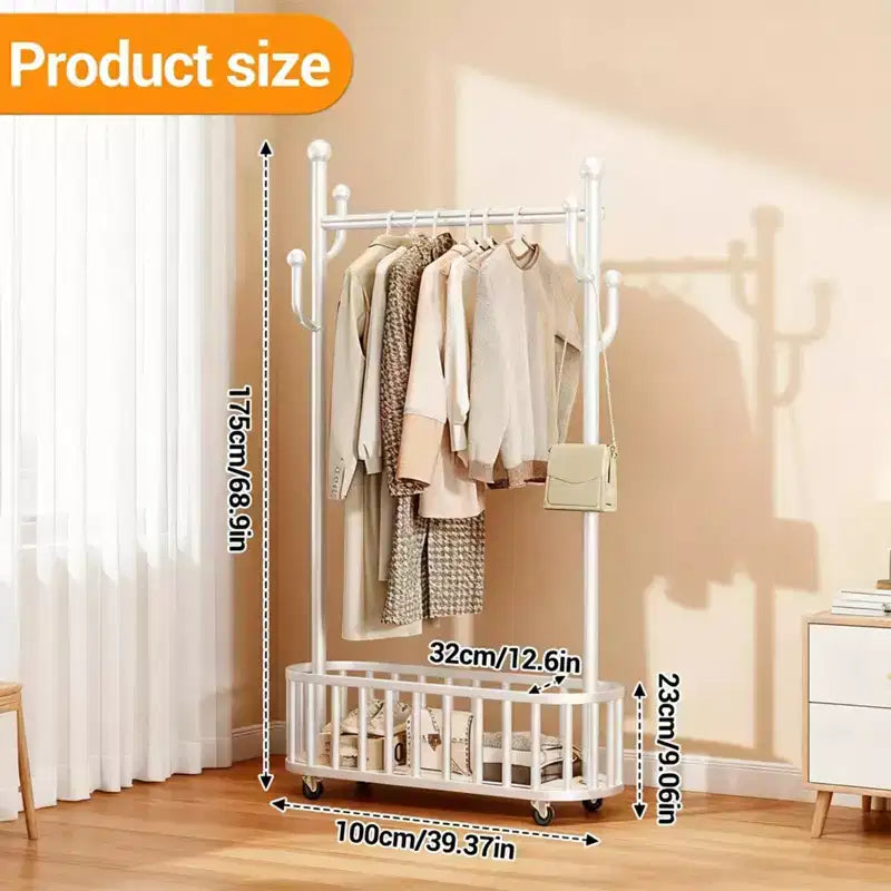 Portant à Vêtements Roulant avec Roues et Rangement Panier, Grand Porte-Manteau Métallique Mobile Portants Décoratifs pour Suspendre les Vêtements