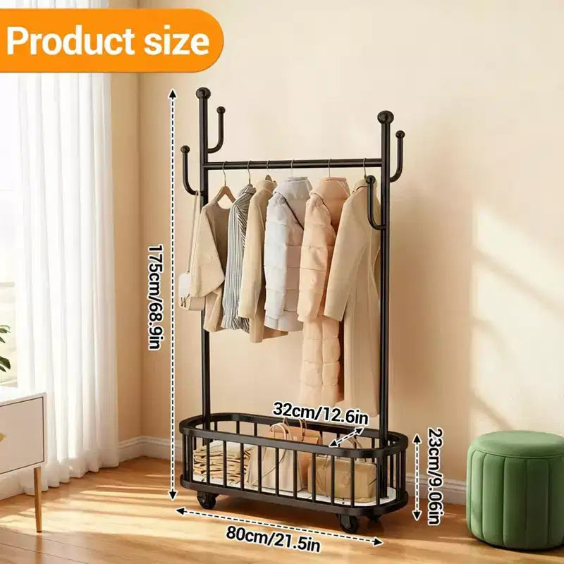 Portant à Vêtements Roulant avec Roues et Rangement Panier, Grand Porte-Manteau Métallique Mobile Portants Décoratifs pour Suspendre les Vêtements
