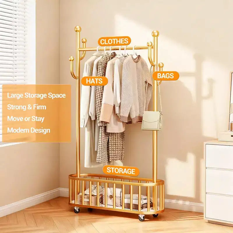 Portant à Vêtements Roulant avec Roues et Rangement Panier, Grand Porte-Manteau Métallique Mobile Portants Décoratifs pour Suspendre les Vêtements