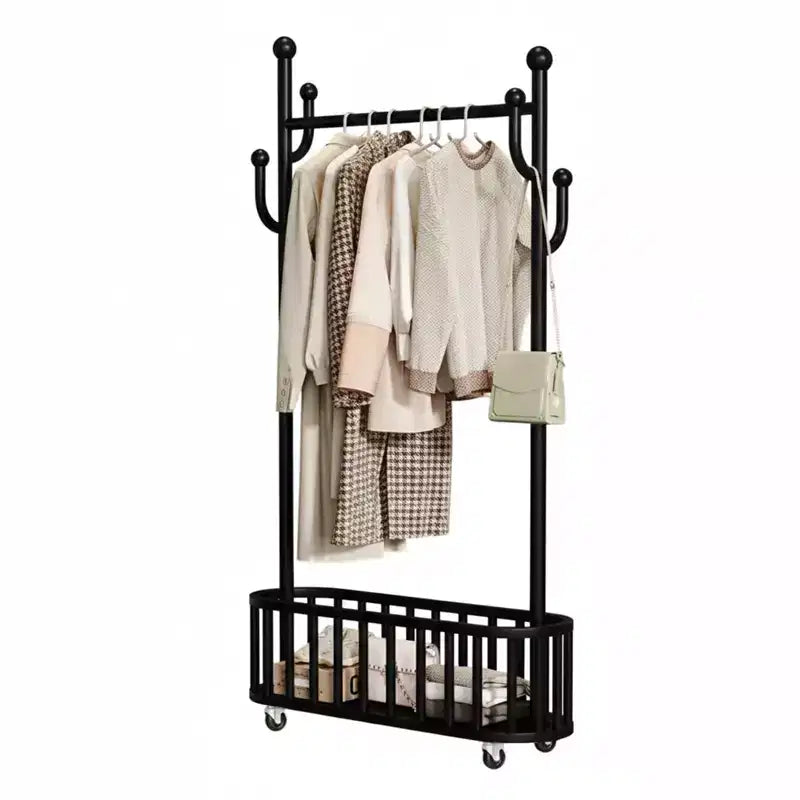 Rolling Clothing Rack with Wheels and Basket Storage, Metal Moveable Large Coat Rack Decorative Clothing Racks for Hanging Clothes