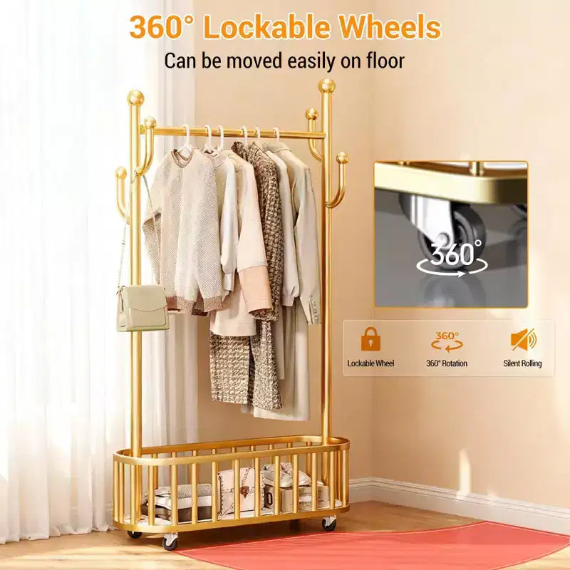 Portant à Vêtements Roulant avec Roues et Rangement Panier, Grand Porte-Manteau Métallique Mobile Portants Décoratifs pour Suspendre les Vêtements