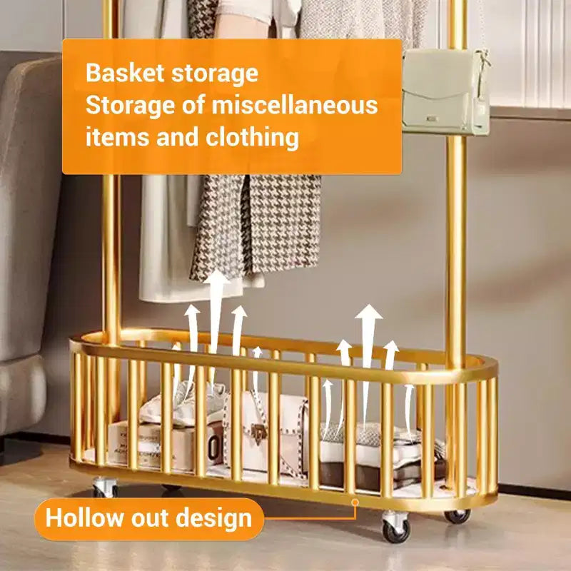 Portant à Vêtements Roulant avec Roues et Rangement Panier, Grand Porte-Manteau Métallique Mobile Portants Décoratifs pour Suspendre les Vêtements