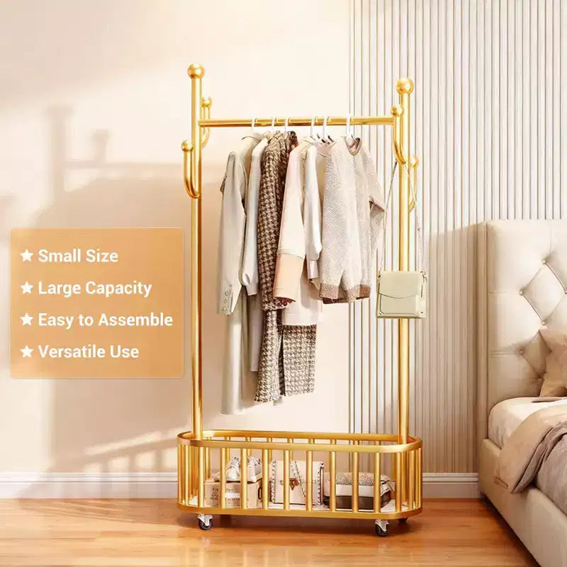 Portant à Vêtements Roulant avec Roues et Rangement Panier, Grand Porte-Manteau Métallique Mobile Portants Décoratifs pour Suspendre les Vêtements