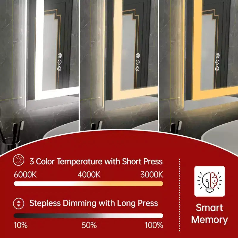 Miroir mural de salle de bain avec 3 couleurs, miroir de courtoisie intelligent LED anti-buée ETL avec lumière