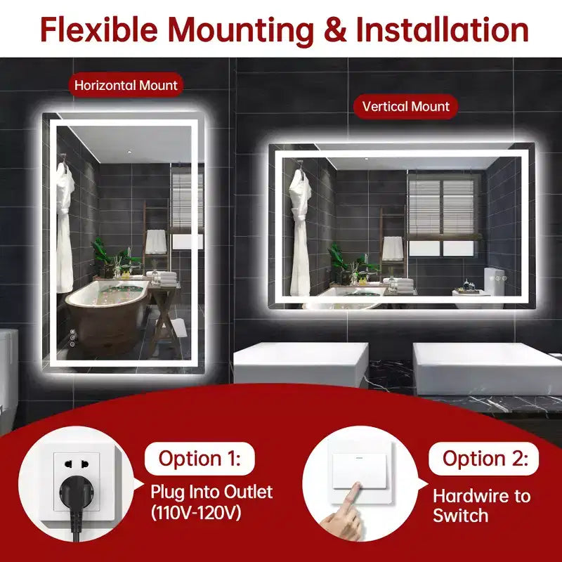 Miroir mural de salle de bain avec 3 couleurs, miroir de courtoisie intelligent LED anti-buée ETL avec lumière