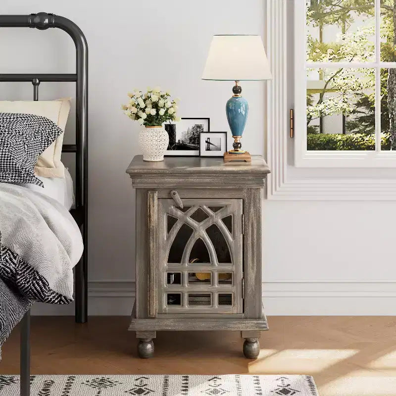 Antique Grey Wood Stylish Functional Nightstand for Bedroom Living Room