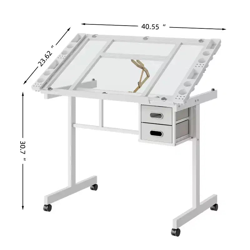 Table à Dessin Réglable en Métal Moderne avec Verre Trempé, 2 Tiroirs en Tissu et 4 Roues